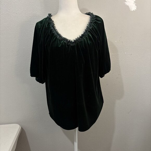 Ivy Jave Velvet Short Sleeve V Neck Holiday Blouse Emerald Green Size Small - Picture 1 of 14